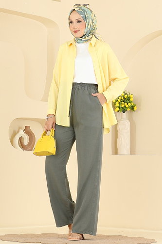 moda selvim Süs Bağcıklı Cepli Pantolon 0001ORG1169 Haki - Thumbnail