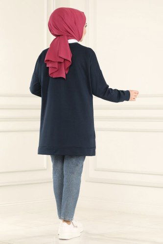 moda selvim 0159UZ662 كحلي بلوز طويل - Thumbnail
