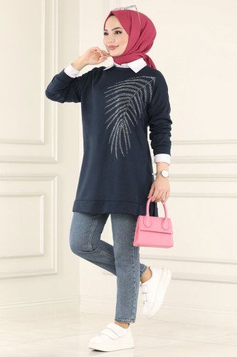 moda selvim 0159UZ662 كحلي بلوز طويل - Thumbnail
