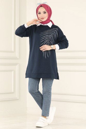 moda selvim 0159UZ662 كحلي بلوز طويل - Thumbnail