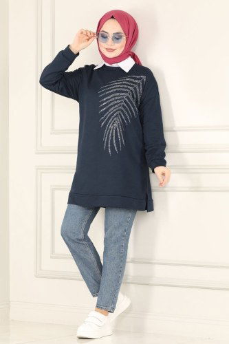 moda selvim 0159UZ662 كحلي بلوز طويل - Thumbnail