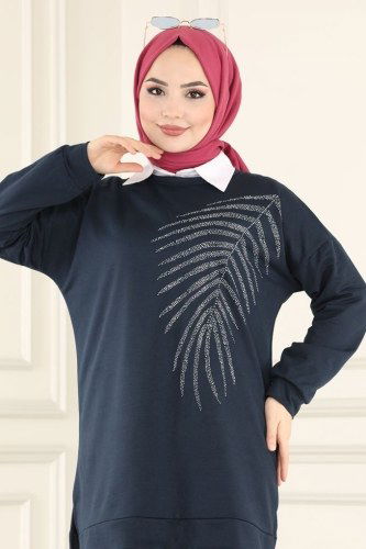 moda selvim 0159UZ662 كحلي بلوز طويل - Thumbnail