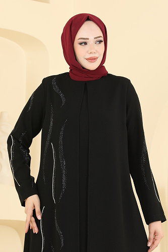 moda selvim Takım Görünümlü Taşlı Abiye 7013OZT1013 Siyah - Thumbnail