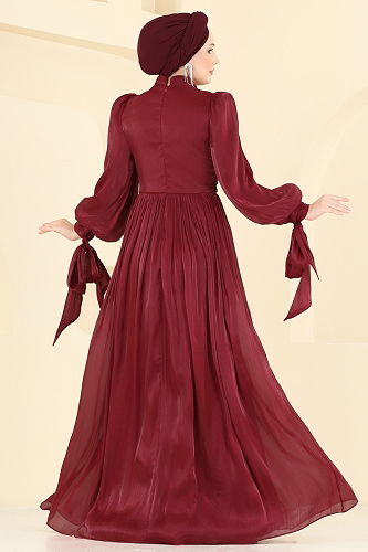 moda selvim Taş Broşlu Şık Abiye 7139SAR739 Bordo - Thumbnail