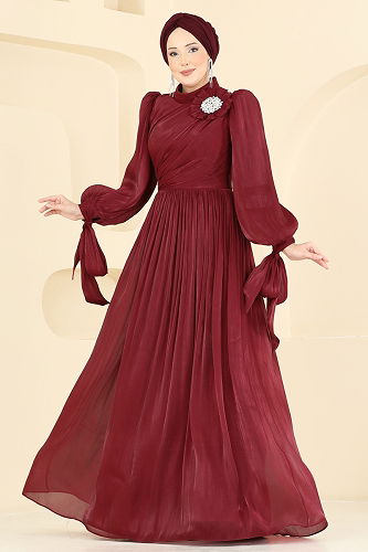 moda selvim Taş Broşlu Şık Abiye 7139SAR739 Bordo - Thumbnail