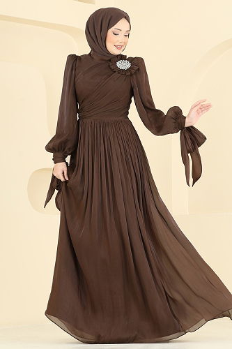 moda selvim Taş Broşlu Şık Abiye 7139SAR739 Kahve - Thumbnail