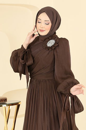 moda selvim Taş Broşlu Şık Abiye 7139SAR739 Kahve - Thumbnail