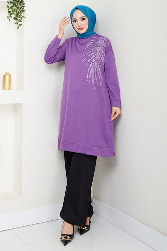 moda selvim Taş Desenli Tesettür Takım 6040UZ1029-M Koyu Lila&Siyah - Thumbnail