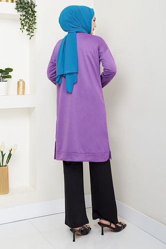 moda selvim Taş Desenli Tesettür Takım 6040UZ1029-M Koyu Lila&Siyah - Thumbnail