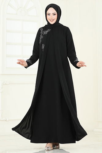 moda selvim Taş Detay Abiye Elbise 2005OZT1013 Siyah - Thumbnail