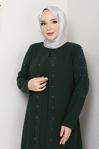 moda selvim Taş Detay Abiye Elbise 2009OZT1013 Haki - Thumbnail