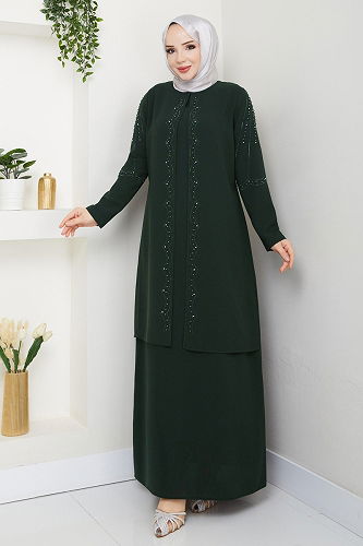moda selvim Taş Detay Abiye Elbise 2009OZT1013 Haki - Thumbnail