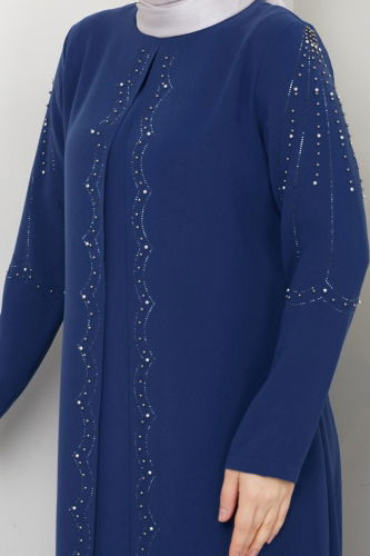 moda selvim Taş Detay Abiye Elbise 2009OZT1013 İndigo - Thumbnail