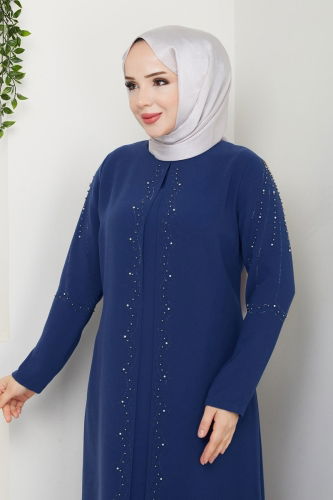 moda selvim Taş Detay Abiye Elbise 2009OZT1013 İndigo - Thumbnail