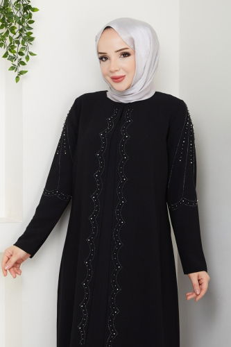 moda selvim Taş Detay Abiye Elbise 2009OZT1013 Siyah - Thumbnail