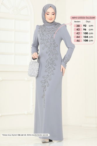 moda selvim Taş Detay Abiye Elbise 4407MDH809 Gri - Thumbnail