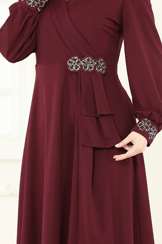 moda selvim Taş Detay Abiye Elbise ASM2804 Bordo - Thumbnail