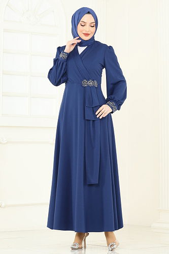 moda selvim Taş Detay Abiye Elbise ASM2804 İndigo - Thumbnail