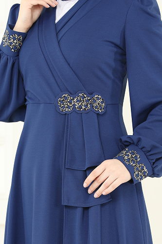 moda selvim Taş Detay Abiye Elbise ASM2804 İndigo - Thumbnail
