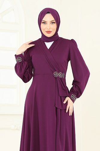 moda selvim Taş Detay Abiye Elbise ASM2804 Mürdüm - Thumbnail