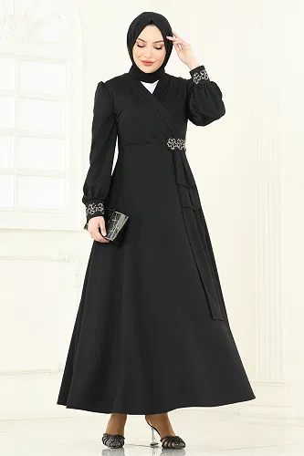 moda selvim Taş Detay Abiye Elbise ASM2804 Siyah - Thumbnail