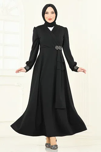 moda selvim Taş Detay Abiye Elbise ASM2804 Siyah - Thumbnail