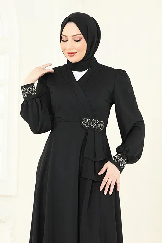moda selvim Taş Detay Abiye Elbise ASM2804 Siyah - Thumbnail