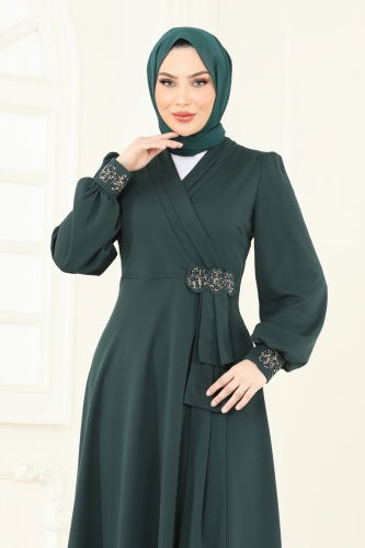 moda selvim Taş Detay Abiye Elbise ASM2804 Zümrüt - Thumbnail