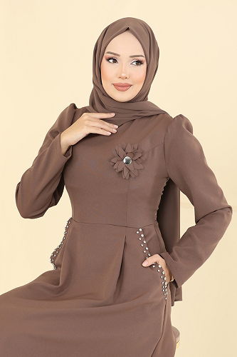moda selvim Taş Detay Çiçek Aksesuarlı Elbise 2741SL432 Koyu Vizyon - Thumbnail