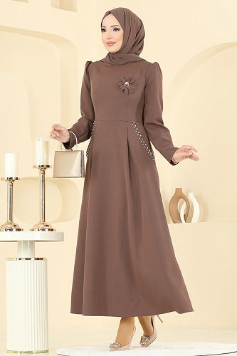 moda selvim Taş Detay Çiçek Aksesuarlı Elbise 2741SL432 Koyu Vizyon - Thumbnail