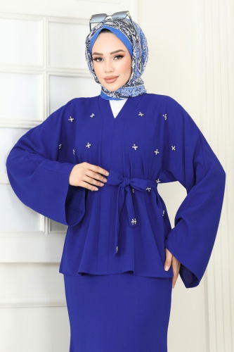 moda selvim Taş Detay Etekli Takım 2021ARL1089 Saks - Thumbnail