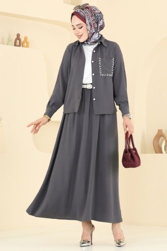 moda selvim Taş Detay Etekli Takım 3096HBS856 Antrasit - Thumbnail