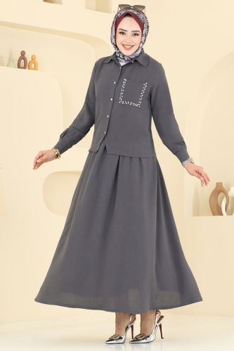 moda selvim Taş Detay Etekli Takım 3096HBS856 Antrasit - Thumbnail
