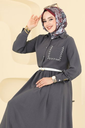 moda selvim Taş Detay Etekli Takım 3096HBS856 Antrasit - Thumbnail