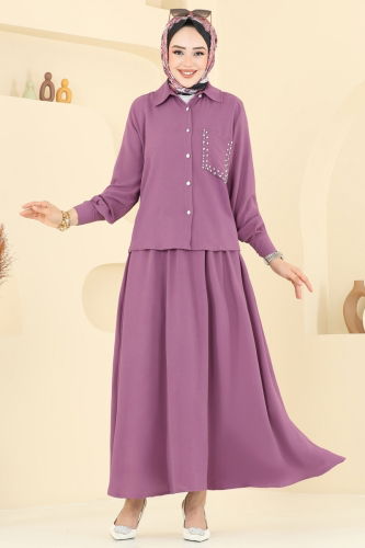 moda selvim Taş Detay Etekli Takım 3096HBS856 Koyu Lila - Thumbnail