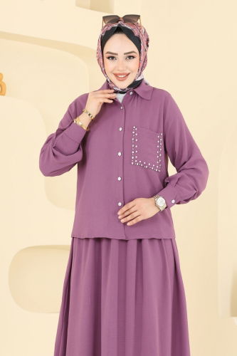 moda selvim Taş Detay Etekli Takım 3096HBS856 Koyu Lila - Thumbnail
