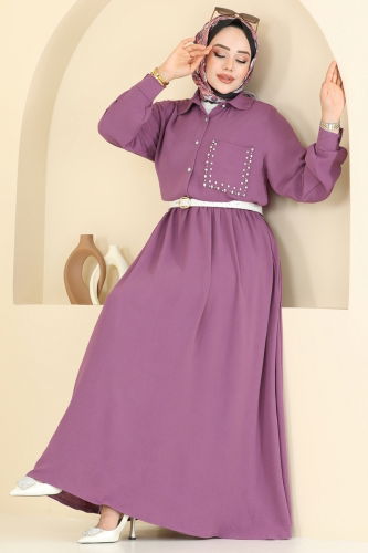 moda selvim Taş Detay Etekli Takım 3096HBS856 Koyu Lila - Thumbnail