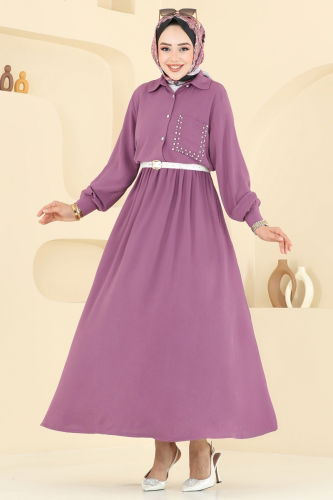 moda selvim Taş Detay Etekli Takım 3096HBS856 Koyu Lila - Thumbnail