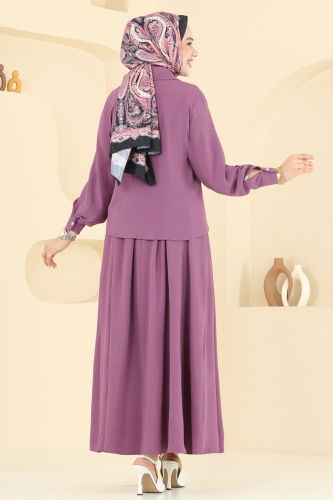 moda selvim Taş Detay Etekli Takım 3096HBS856 Koyu Lila - Thumbnail