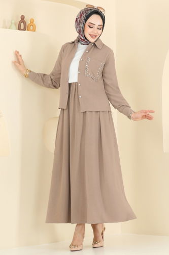 moda selvim Taş Detay Etekli Takım 3096HBS856 Koyu Vizyon - Thumbnail