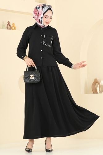 moda selvim Taş Detay Etekli Takım 3096HBS856 Siyah - Thumbnail
