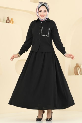 moda selvim Taş Detay Etekli Takım 3096HBS856 Siyah - Thumbnail