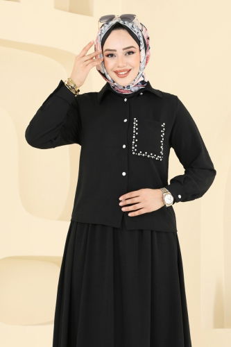 moda selvim Taş Detay Etekli Takım 3096HBS856 Siyah - Thumbnail