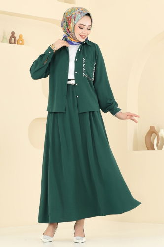 moda selvim Taş Detay Etekli Takım 3096HBS856 Zümrüt - Thumbnail