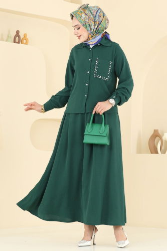 moda selvim Taş Detay Etekli Takım 3096HBS856 Zümrüt - Thumbnail