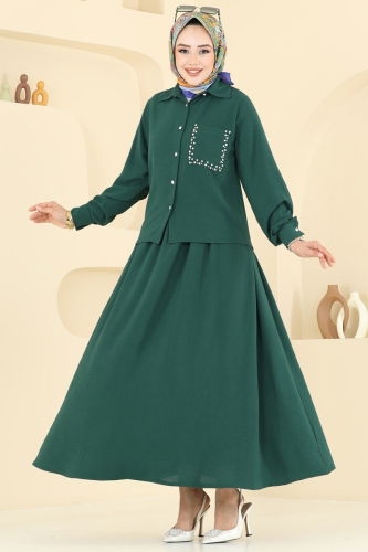 moda selvim Taş Detay Etekli Takım 3096HBS856 Zümrüt - Thumbnail