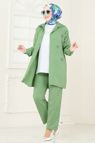 moda selvim Taş Detay İkili Takım 2035MP806 Yeşil - Thumbnail