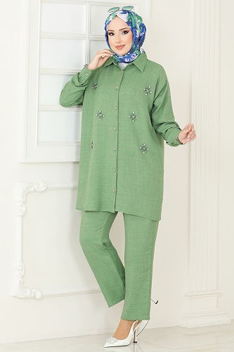 moda selvim Taş Detay İkili Takım 2035MP806 Yeşil - Thumbnail