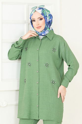 moda selvim Taş Detay İkili Takım 2035MP806 Yeşil - Thumbnail