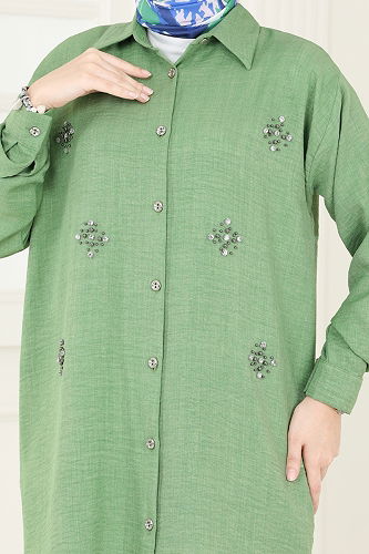 moda selvim Taş Detay İkili Takım 2035MP806 Yeşil - Thumbnail